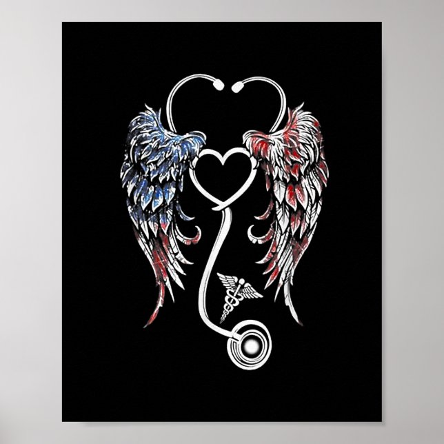 Poster Wings Heart Nurse Stethoscope Drapeau américain (Devant)
