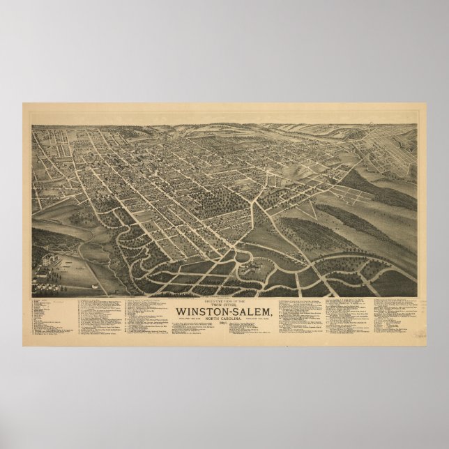 Poster Winston-Salem N. Carolina Carte panoramique antiqu (Devant)