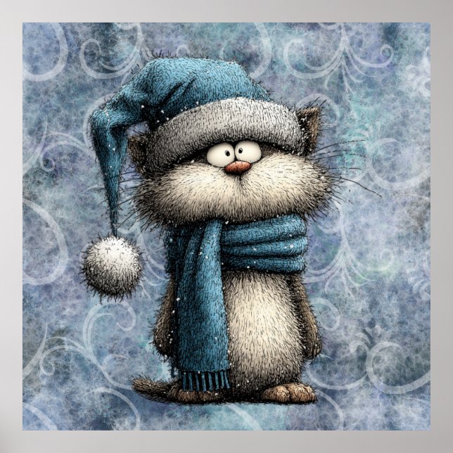 Poster Winter Blue Christmas Cat With Hat And Scarf (Devant)