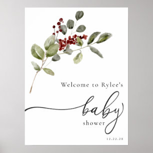 Poster Winter Holly Branche Baby shower Welcome Mousse Bo
