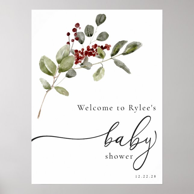 Poster Winter Holly Branche Baby shower Welcome Mousse Bo (Devant)