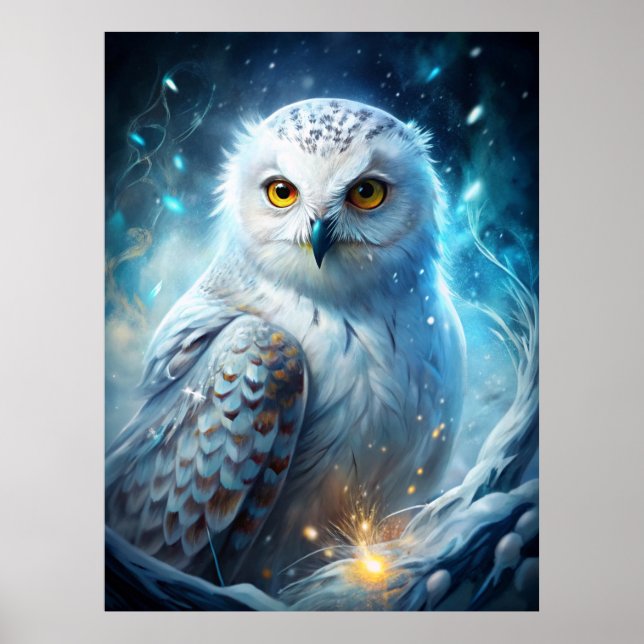 Poster Winter Magic Snowy Owl – Mystical Blue Forest (Devant)