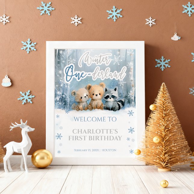 Poster Winter Onederland Bear Blue First Welcome Sign (Créateur téléchargé)