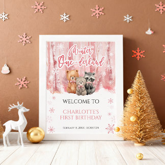 Poster Winter Onederland Bear Pink First Welcome Sign