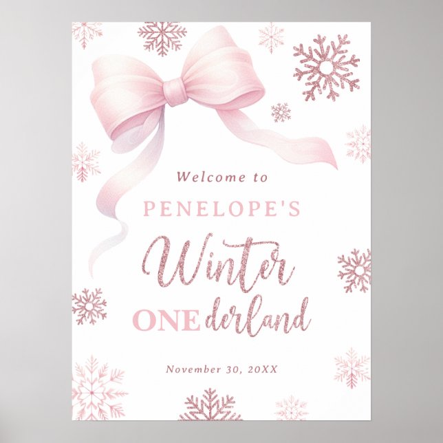Poster Winter Onederland Bow Girl 1st Birthday Welcome (Devant)