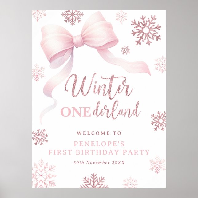 Poster Winter Onederland Pink Bow 1st Birthday Welcome (Devant)