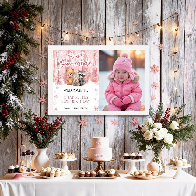 Poster Winter Onederland Pink First Photo Welcome Sign (Créateur téléchargé)