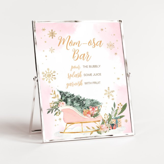 Poster Winter Pink Gold Flèche de neige Maman Osa Bar (Pink Sleigh Baby Shower Mom Osa Bar Sign)
