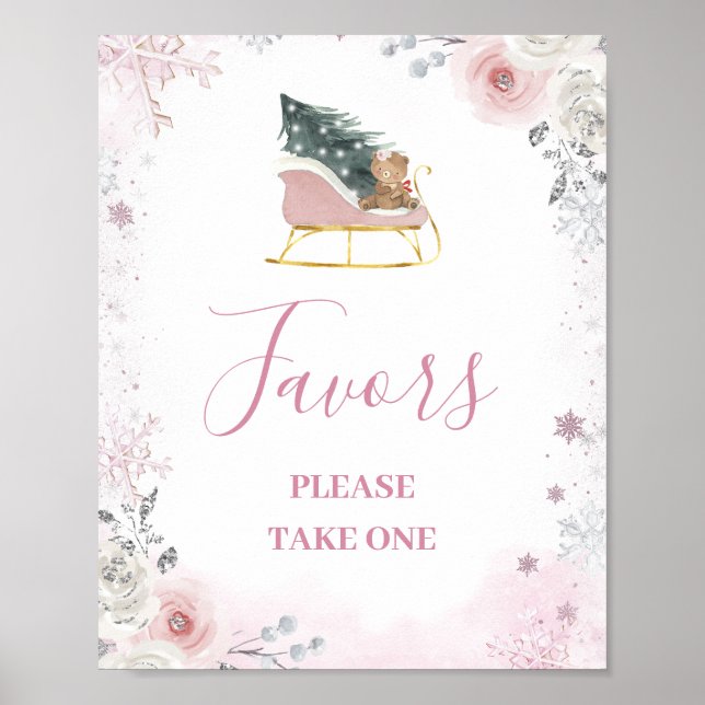 Poster Winter Pink Snowflake Sleigh Baby Shower Favors (Devant)