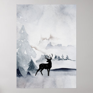 Poster Winter Reindeer Rustic Gray Watercolor