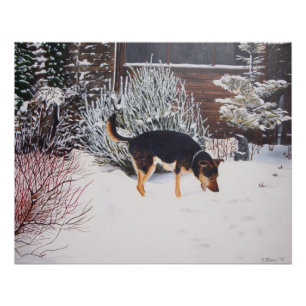 Poster Winter snow scene with cute black and tan dog