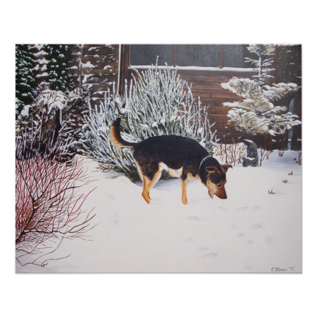 Poster Winter snow scene with cute black and tan dog (Devant)