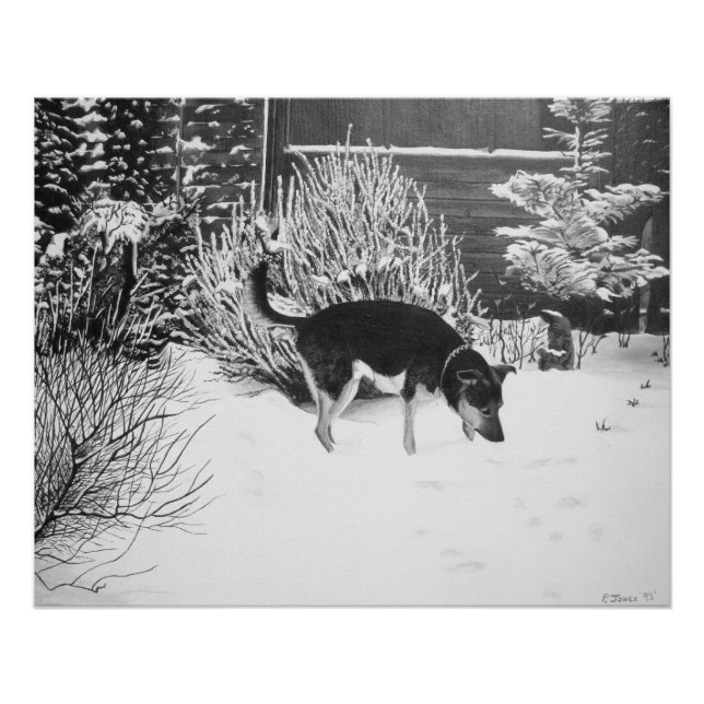 Poster Winter snow scene with cute black and tan dog (Devant)