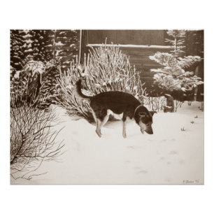 Poster Winter snow scene with cute black and tan dog