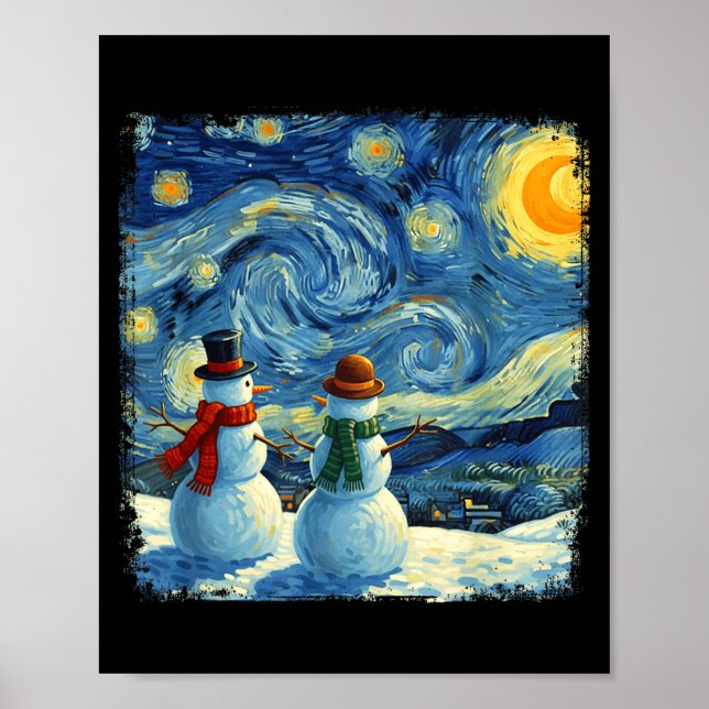 Poster Winter Snowman Van Gogh Starry Night Christmas  (Devant)