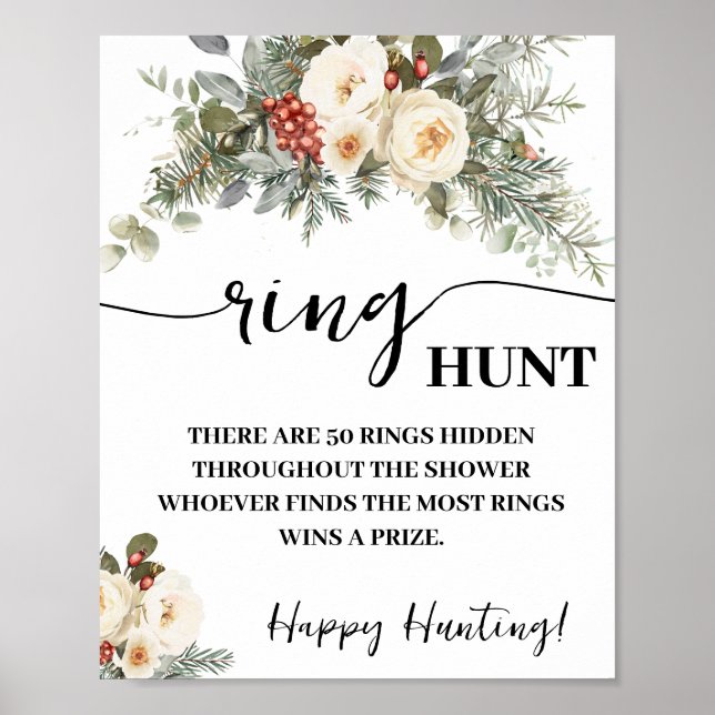 Poster Winter White Flowers Ring Hunt Shower Game Sign (Devant)
