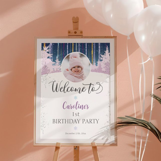 Poster Winter Wonderland First Birday Welcome Photo (Welcome sign for 1st birthday for girls. Winter Wonderland theme. Navy blue, purple, snow, forest)