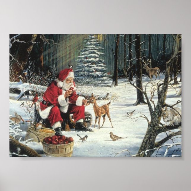 Poster Winter Wonderland Noël Père Noël Et Cerfs (Devant)