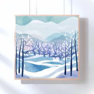 Poster Winter Wonderland Snowy Blue Watercolor Peinture