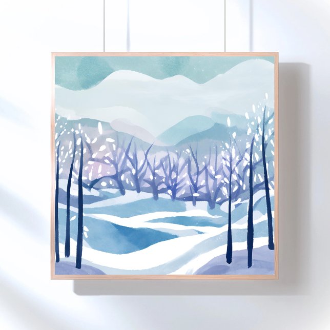 Poster Winter Wonderland Snowy Blue Watercolor Peinture (Créateur téléchargé)