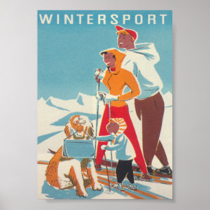 Poster Wintersport Ski Famille et Chien Retro Vintage