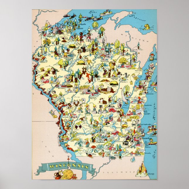 Poster Wisconsin Funny Carte Vintage (Devant)