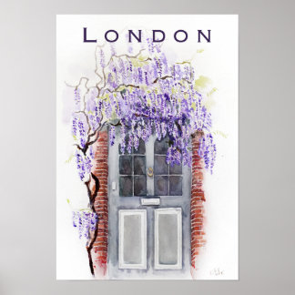 Poster Wisteria season in London grey door watercolour