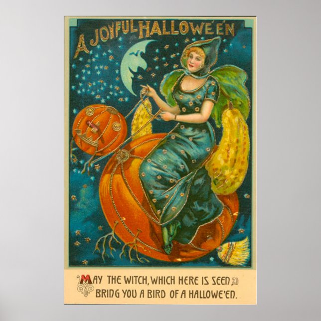 Poster Witch Jack-o'-lantern Bird Citrouille Crescent Moo (Devant)