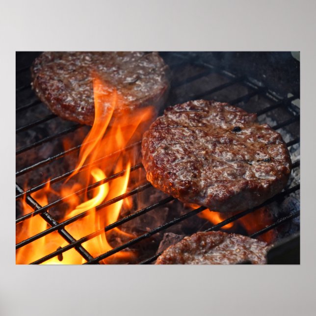 Poster with meat barbecue burgers and fire flame (Front)