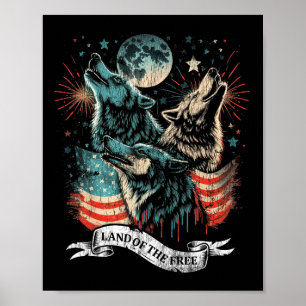Poster Wolf 4 juillet Drapeau américain hurlant America M