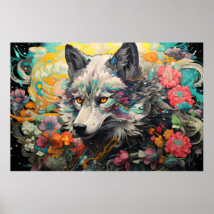 Poster Wolf animal coloré Enchanter Abstrait