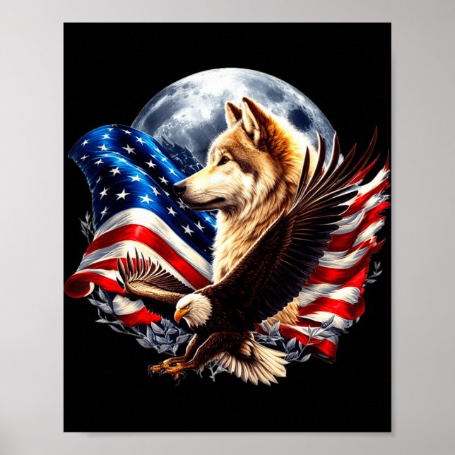 Poster Wolf Bald Eagle American Flag Full Moon New Years  (Devant)