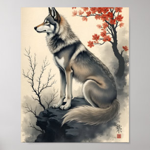 Poster Wolf dans un jardin japonais