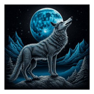 Poster Wolf debout devant la Pleine lune   Art AI