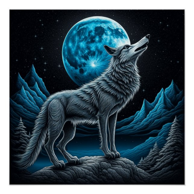 Poster Wolf debout devant la Pleine lune | Art AI (Devant)