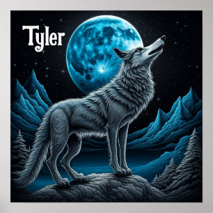 Poster Wolf debout devant la Pleine lune   Art AI