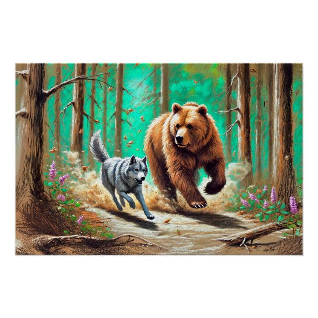 Poster Wolf et ours Chase Pastel Chalk Forest Scène (Devant)