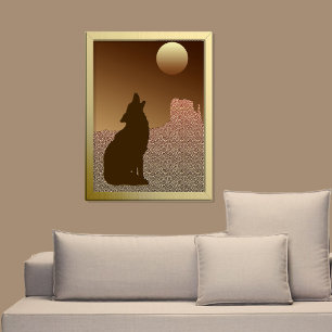 Poster Wolf Howling à la Lune en Brown et Tan