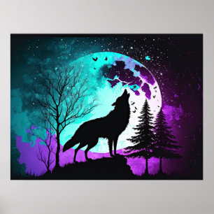 Poster Wolf Howling à la lune Galaxy Stars Animal