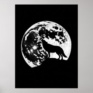 Poster Wolf Howling Silhouetté contre une Pleine lune
