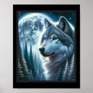 Poster Wolf Icy Moon Galaxy Chasse Gris Gris Loups Pour
