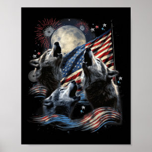 Poster Wolf Moon 4 juillet Drapeau américain hurlant Amér