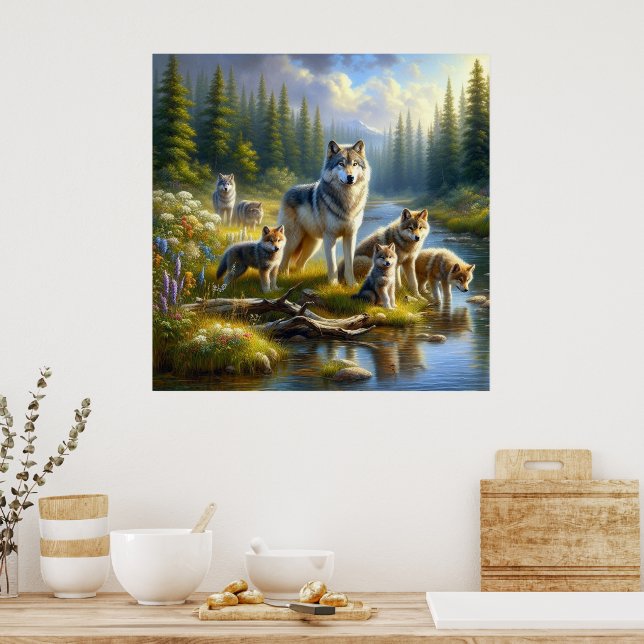 Poster Wolf Pack Wolf Stream Nature Faune (Cuisine)