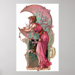 Poster Woman and moon, art nouveau, romantic vintage