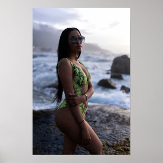 Poster Woman In Green Swimsuit By The Ocean
