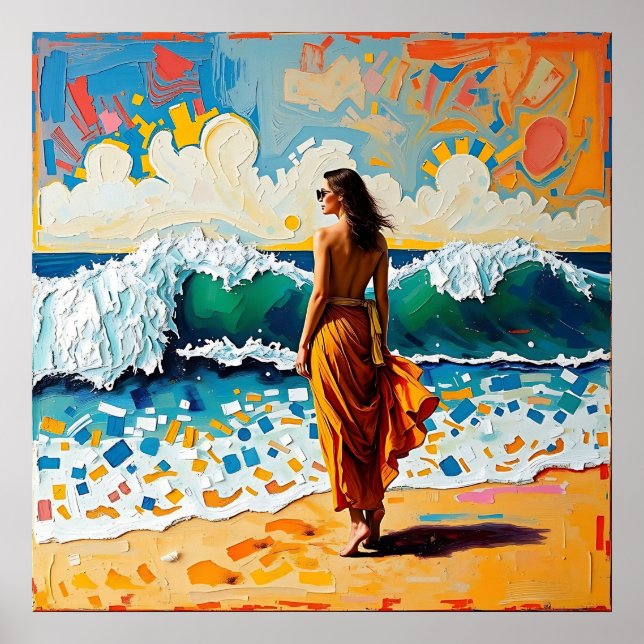 Poster Woman on Beach Abstract Seaside Art  (Devant)