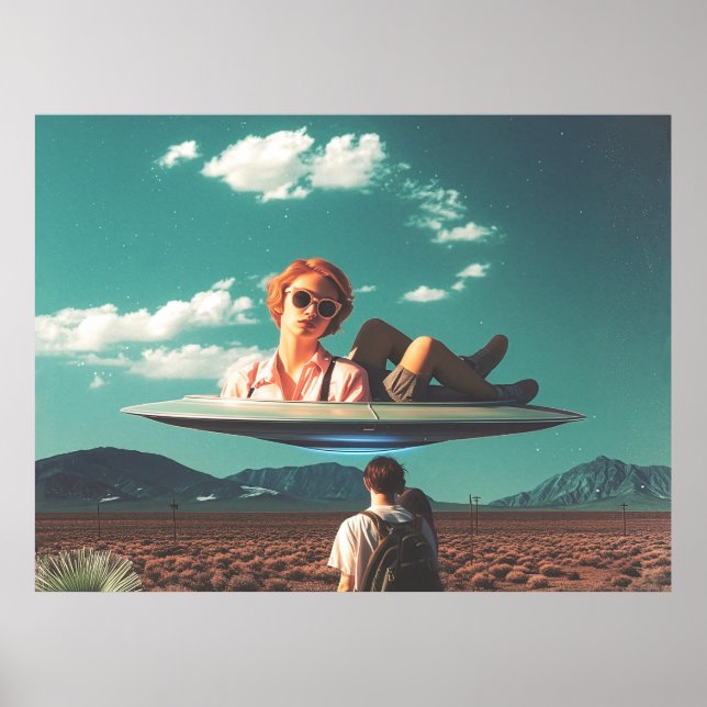 Poster Woman Relaxing on UFO in Desert (Devant)