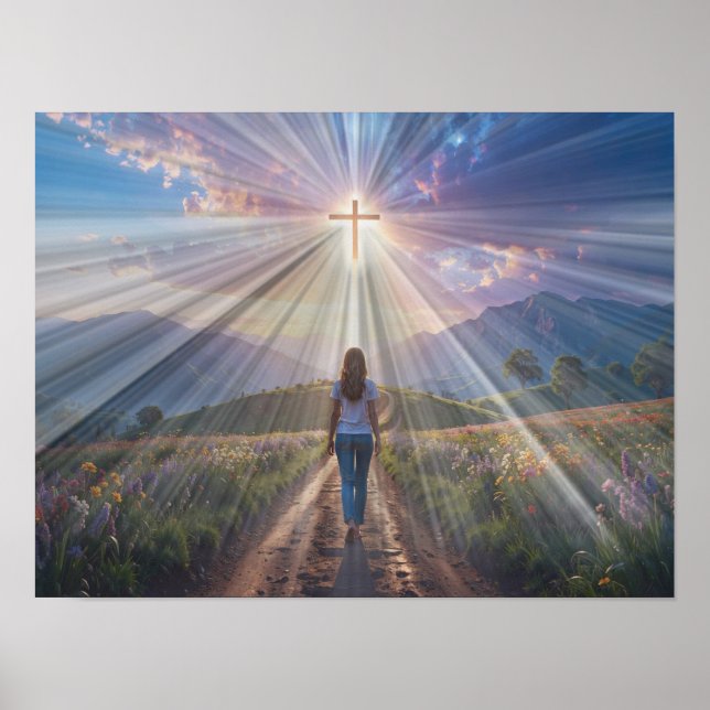 Poster Woman Walking Toward Glowing Cross – Faith Journey (Devant)