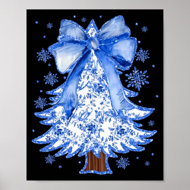 Poster Women Christmas Tree Chinoiserie Blue Floral Coque (Devant)