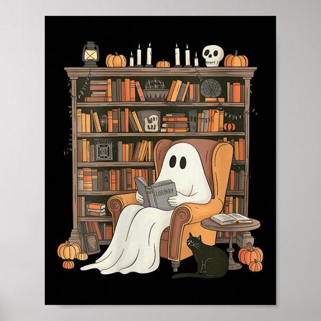 Poster Womens Bookish Ghost Haunted Library Cat Bookworm  (Devant)